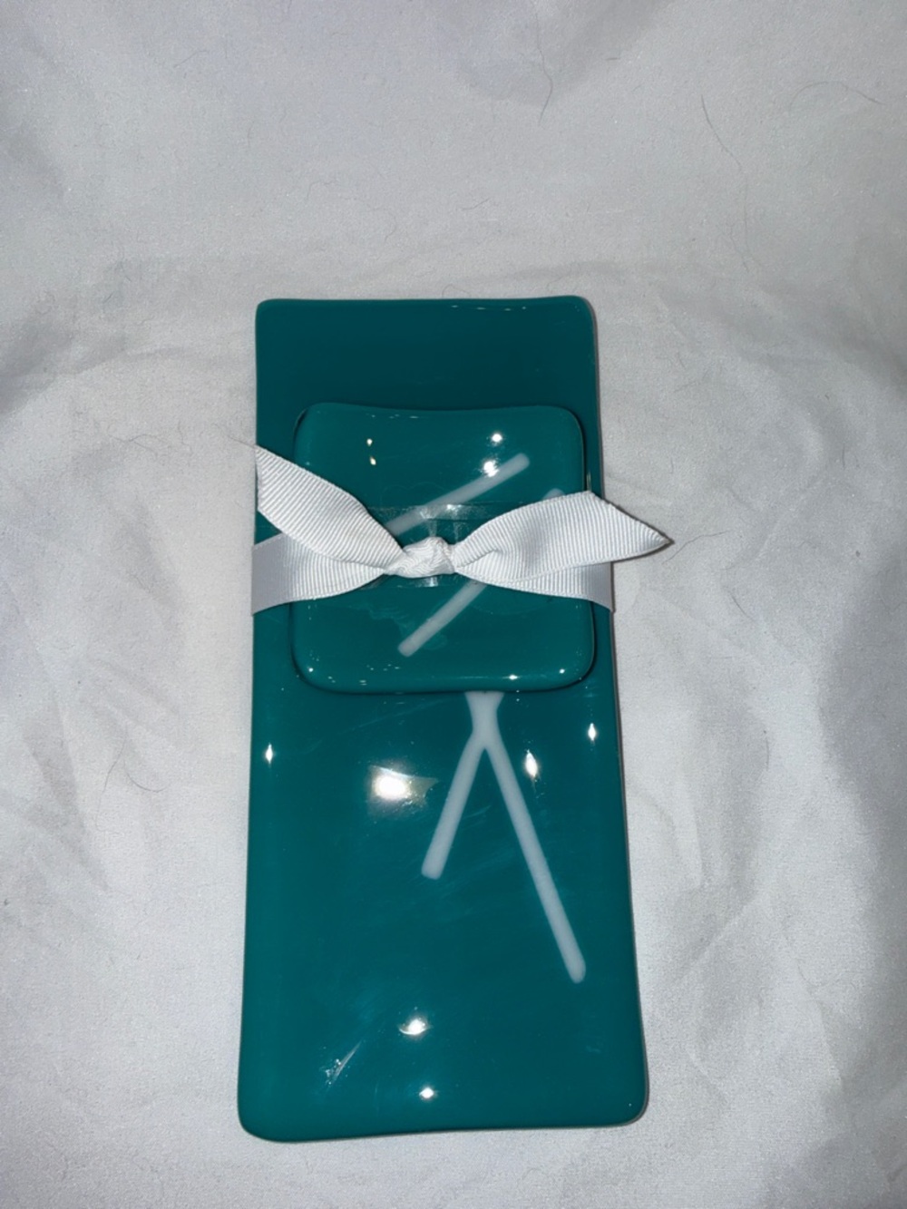 Sushi dish and dip Teal Fused Glass Tray Set with White Accent